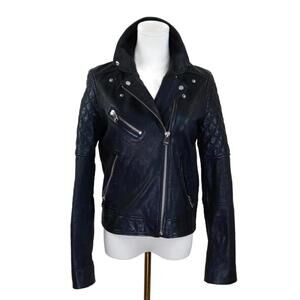Black Leather quilted Moto biker Jacket 
 Size Small